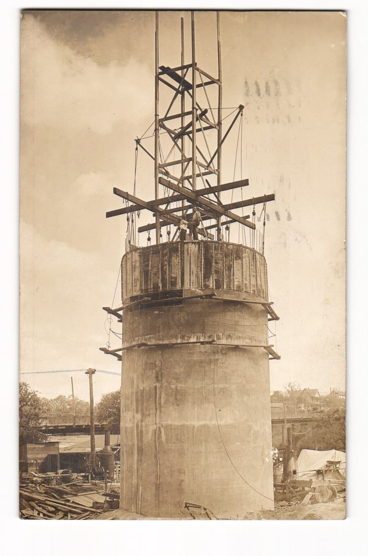 RPPC showing workers building a reinforced concrete gravity stack by Trinity River, Fort Worth, TX (1 of 2)