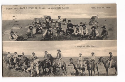 Vintage postcard showing two cowboy scenes near San Angelo, Texas: a chuck wagon meal and riders