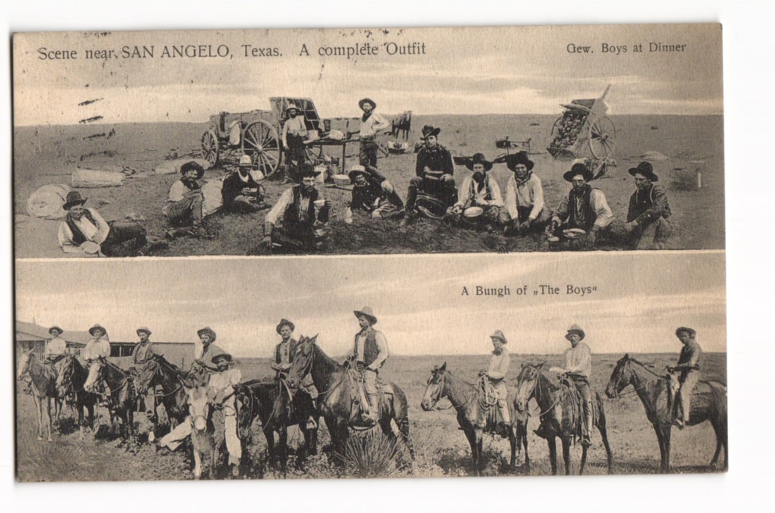 Vintage postcard showing two cowboy scenes near San Angelo, Texas: a chuck wagon meal and riders: Please view photos for further description and condition considerations. Please know the scans may be darker or lighter than the actual card's true appearance. ACME Auctions offers FREE DOMESTIC SHIPP
