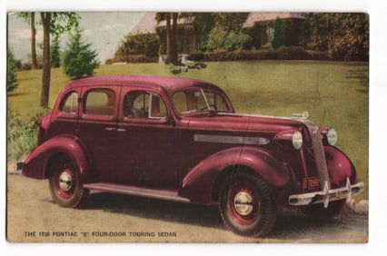 Vintage Postcard of the 1936 Pontiac '8' Four-Door Touring Sedan, Maroon Automobile Scene c. 1930s