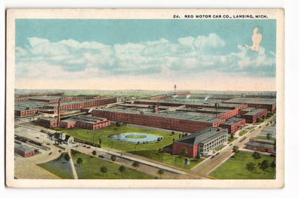 Vintage postcard showing an aerial view of the sprawling REO Motor Car Co. factory in Lansing, Mich.