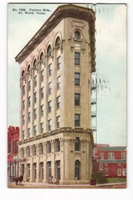 Antique postcard featuring the iconic Flatiron Building in downtown Ft. Worth, Texas, circa 1912.