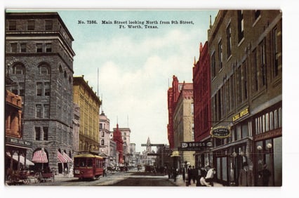 Vintage Postcard of Main Street looking North from 9th Street in Ft. Worth, Texas. c. 1910s