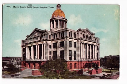 Vintage postcard featuring the impressive Harris County Court House in Houston, Texas, postmarked
