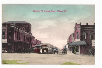 Vintage Postcard of Chestnut St. looking South in Abilene, Texas with trolley and carriages, c. 1913