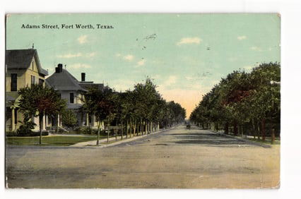 Postcard showing a tree-lined residential view of Adams Street in Fort Worth, Texas, circa 1912.