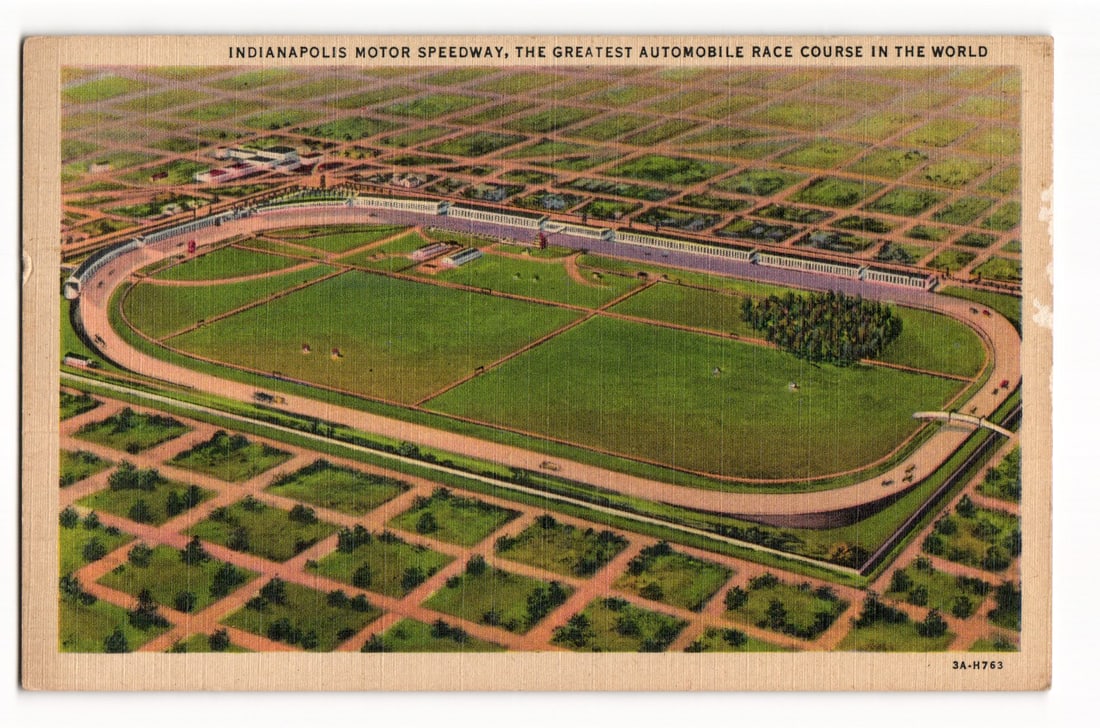 Linen Postcard of the Indianapolis Motor Speedway, the 'Brickyard' race course in Indianapolis, IN: Please view photos for further description and condition considerations. Please know the scans may be darker or lighter than the actual card's true appearance. ACME Auctions offers FREE DOMESTIC SHIPP