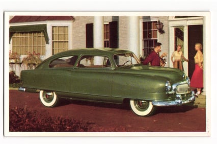 Advertising postcard for a green 1950 Nash Airflyte sedan, 'The World's Most Modern Cars'.