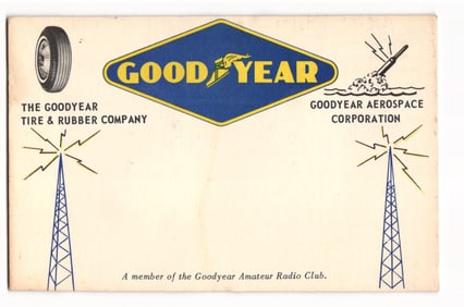 QSL postcard from the Goodyear Amateur Radio Club (W8TPF) showing Tire & Aerospace Corp logos, c.