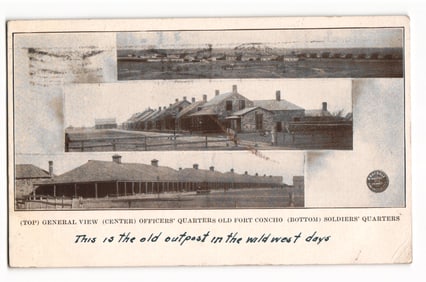 Postcard of Old Fort Concho, San Angelo, Texas showing General View, Officers' & Soldiers' Quarters.