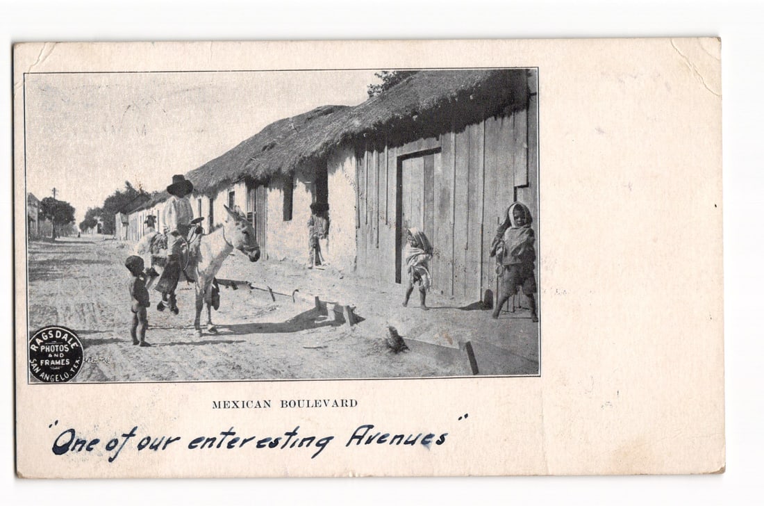 Postcard view of 'Mexican Boulevard' showing daily life with man on donkey, San Angelo, Texas c. (1 of 2)