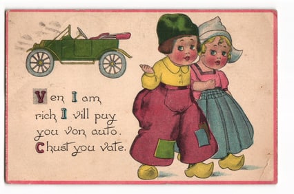 1916 postcard with two children in Dutch attire, a green automobile, and a comical misspelled