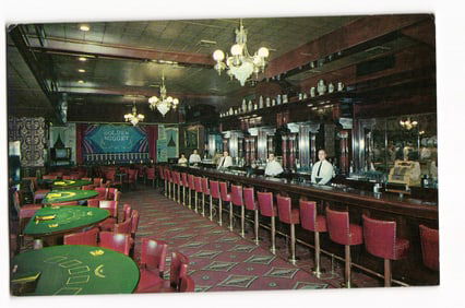 Color postcard of the interior bar at the Golden Nugget Gambling Hall and Saloon, Las Vegas, Nevada.