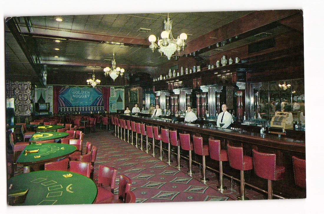 Color postcard of the interior bar at the Golden Nugget Gambling Hall and Saloon, Las Vegas, Nevada. (1 of 2)