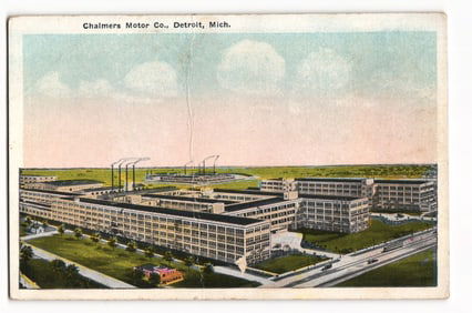 Postcard of the sprawling Chalmers Motor Co. automotive factory plant in Detroit, Michigan c. 1910s.