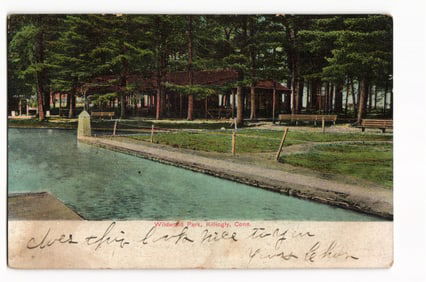 Postcard showing the pavilion and lakeside path at Wildwood Park in Killingly, Connecticut c. 1908