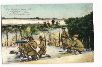 WWI era postcard depicting US Army soldiers with machine gun during a snowy winter training