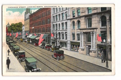 Postcard showing Chenango Street looking North, Binghamton, New York, a street view with early cars.
