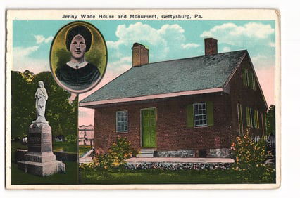 Postcard showing the historic Jenny Wade House and Monument in Gettysburg, Pennsylvania, circa 1930s