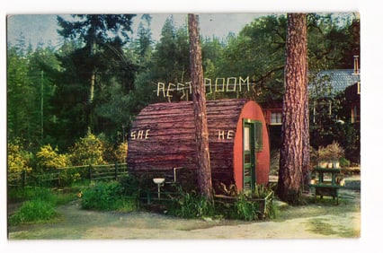 Postcard of the 'He and She' log-shaped restroom at Grundy's Redwood Terrace, California, 1950s