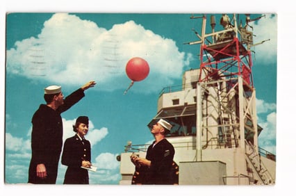 Color postcard of US Navy sailors and a WAVE releasing a red weather balloon in Jacksonville, FL c.