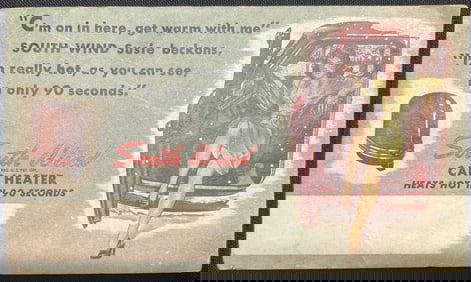 Advertising postcard for South Wind Car Heater featuring pin-up girl South Wind Susie, circa 1940s.