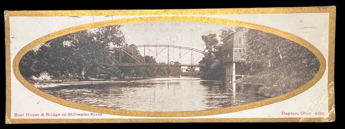 Postcard showing the Boat House & Bridge on the Stillwater River in Dayton, Ohio. Circa 1912.