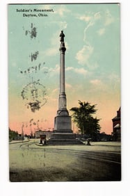 Postcard showing the Soldier's Monument at a street intersection in downtown Dayton, Ohio, c. 1912.