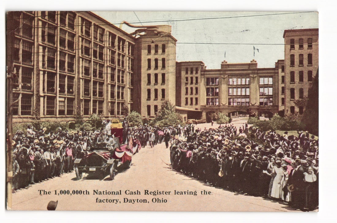 Postcard procession for 1,000,000th National Cash Register leaving factory, Dayton, Ohio c. 1912: Please view photos for further description and condition considerations. Please know the scans may be darker or lighter than the actual card's true appearance. ACME Auctions offers FREE DOMESTIC SHIPP