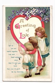 Embossed Valentine's Day postcard with three children holding a large heart, A Greeting of Love,