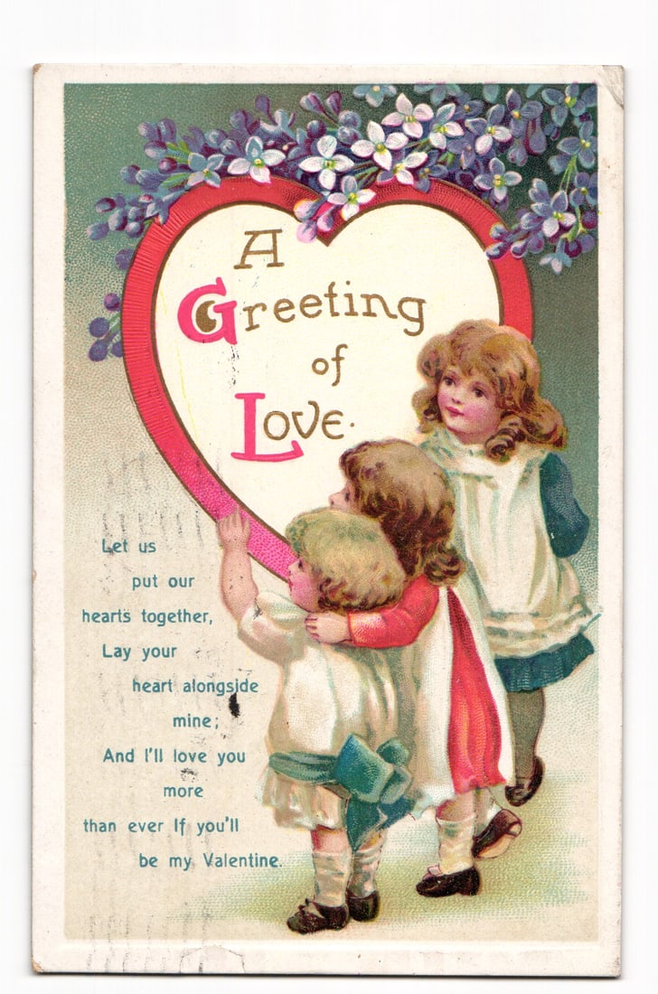 Embossed Valentine's Day postcard with three children holding a large heart, A Greeting of Love, (1 of 2)