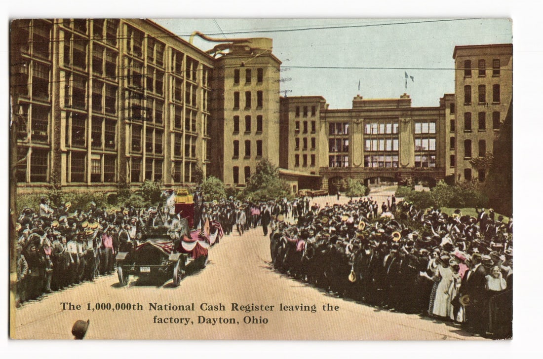 Dayton, Ohio postcard of the 1,000,000th National Cash Register parade leaving the factory c. 1912 (1 of 2)