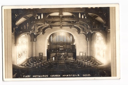 RPPC postcard of the First Methodist Church interior sanctuary in Mansfield, Ohio, postmarked 1912