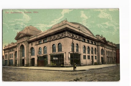 Postcard showing the Beaux-Arts architecture of The Auditorium on a street corner in Canton, Ohio.