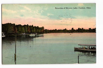 Postcard view of the scenic Beauties of Meyers Lake in Canton, Ohio with a small tour boat, c. 1913.