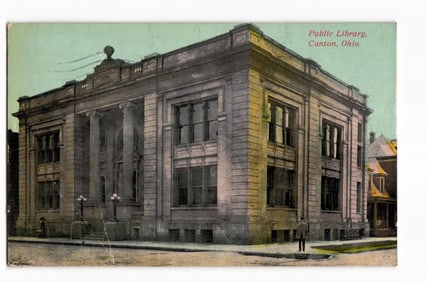 Postcard view of the Public Library with its neoclassical columns and architecture in Canton, Ohio