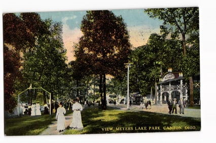 Postcard of a summer day at Meyers Lake Park in Canton, Ohio, featuring the Scenic Railway, c. 1914