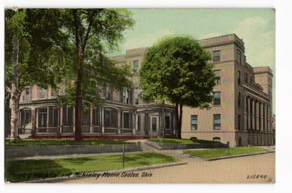 Early 1910s postcard of the Mercy Hospital and McKinley Home on a tree-lined street in Canton, Ohio.
