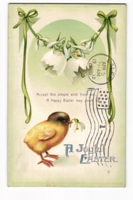 Embossed Easter greetings postcard showing a chick with a snowdrop flower and green ribbons, 1910.