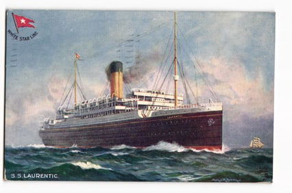 Postcard of White Star Line's S.S. Laurentic steamship at sea, from Tuck's "Oilette" series c. 1910.