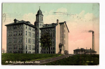 Color postcard showing the stone buildings of Mt. Marie College in Canton, Ohio, circa 1910s view.