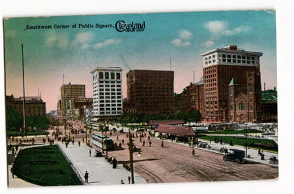 Postcard showing the Southwest Corner of Public Square in Cleveland, Ohio with early streetcars.