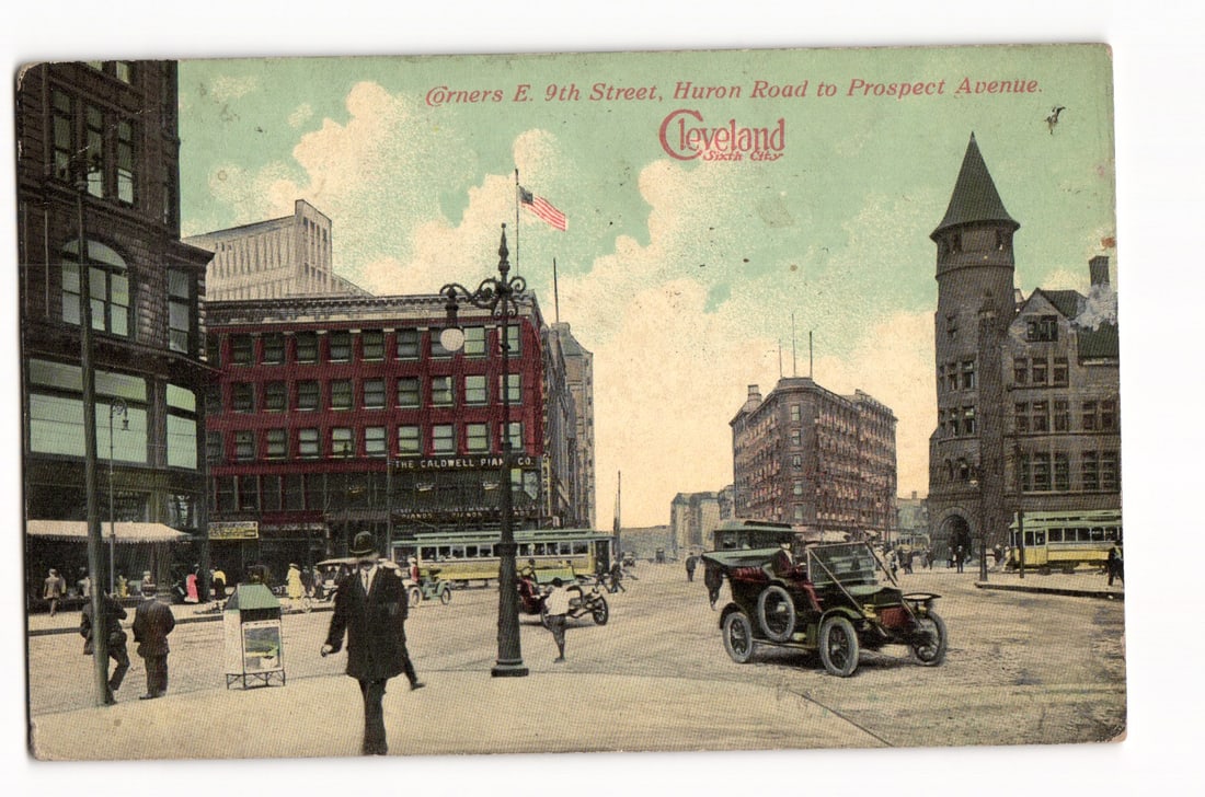 Postcard view of Cleveland's "Sixth City" at E. 9th Street, Huron Rd. to Prospect Ave. c. 1910s.: Please view photos for further description and condition considerations. Please know the scans may be darker or lighter than the actual card's true appearance. ACME Auctions offers FREE DOMESTIC SHIPP
