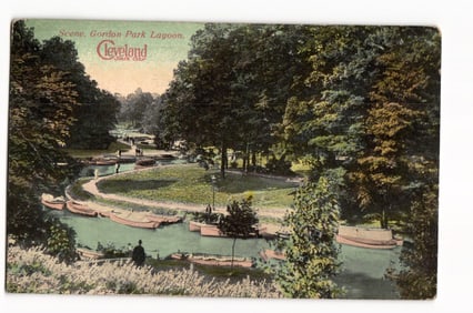 Postcard showing the serene Gordon Park Lagoon with rowboats and parkgoers, Cleveland, Ohio c. 1913.