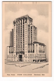 Postcard featuring an architectural line drawing of the Art Deco Fenn Tower, Fenn College,