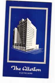 Postcard with blue and white Art Deco graphic of The Allerton Hotel in Cleveland, Ohio c. 1940s