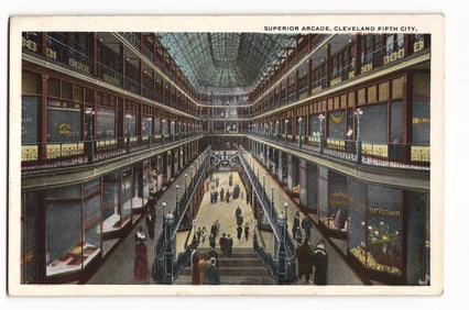 Postcard showing the glass-roofed Superior Arcade in Cleveland, Ohio, the Fifth City, circa 1910s.