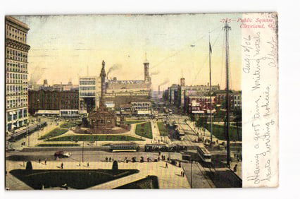 Postcard of Public Square in Cleveland, Ohio, showing The May Co. building and streetcars c. 1906