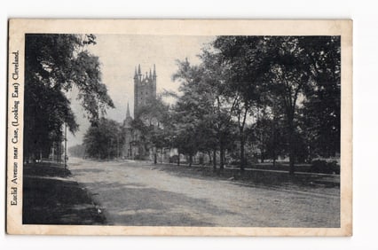 Postcard view looking east down the tree-lined Euclid Avenue near Case in Cleveland, Ohio c.1907.