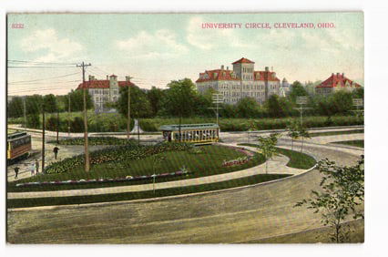 Postcard of a streetcar at University Circle in Cleveland, Ohio with prominent buildings c. 1910s